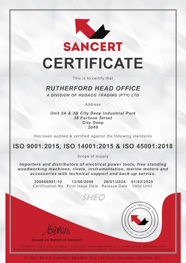 ISO - Rutherford HO SHEQ Certificate